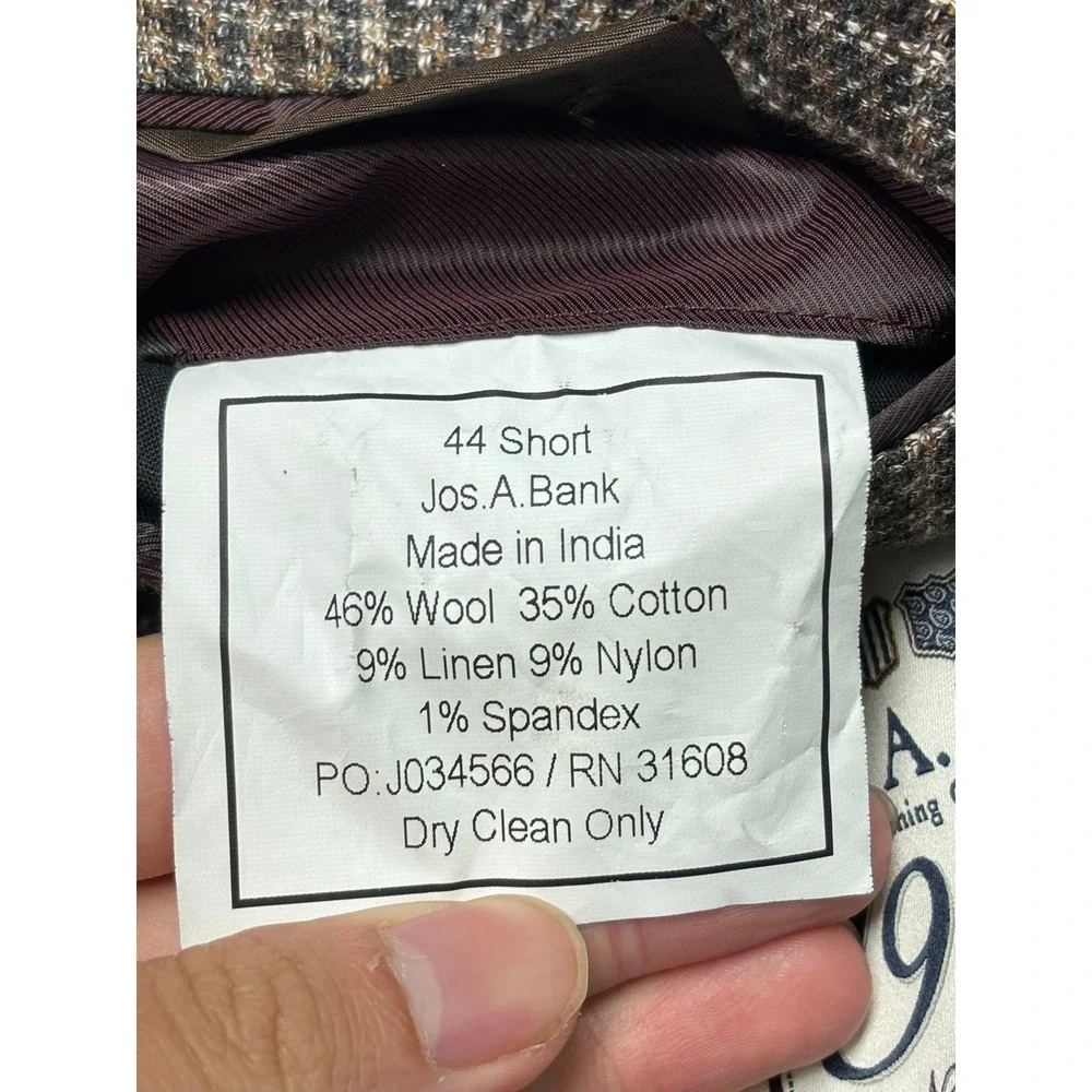 Jos A Bank 1905 X Tollegno 1900 Mens 44 Short Brown Houndstooth Wool Sport Coat
